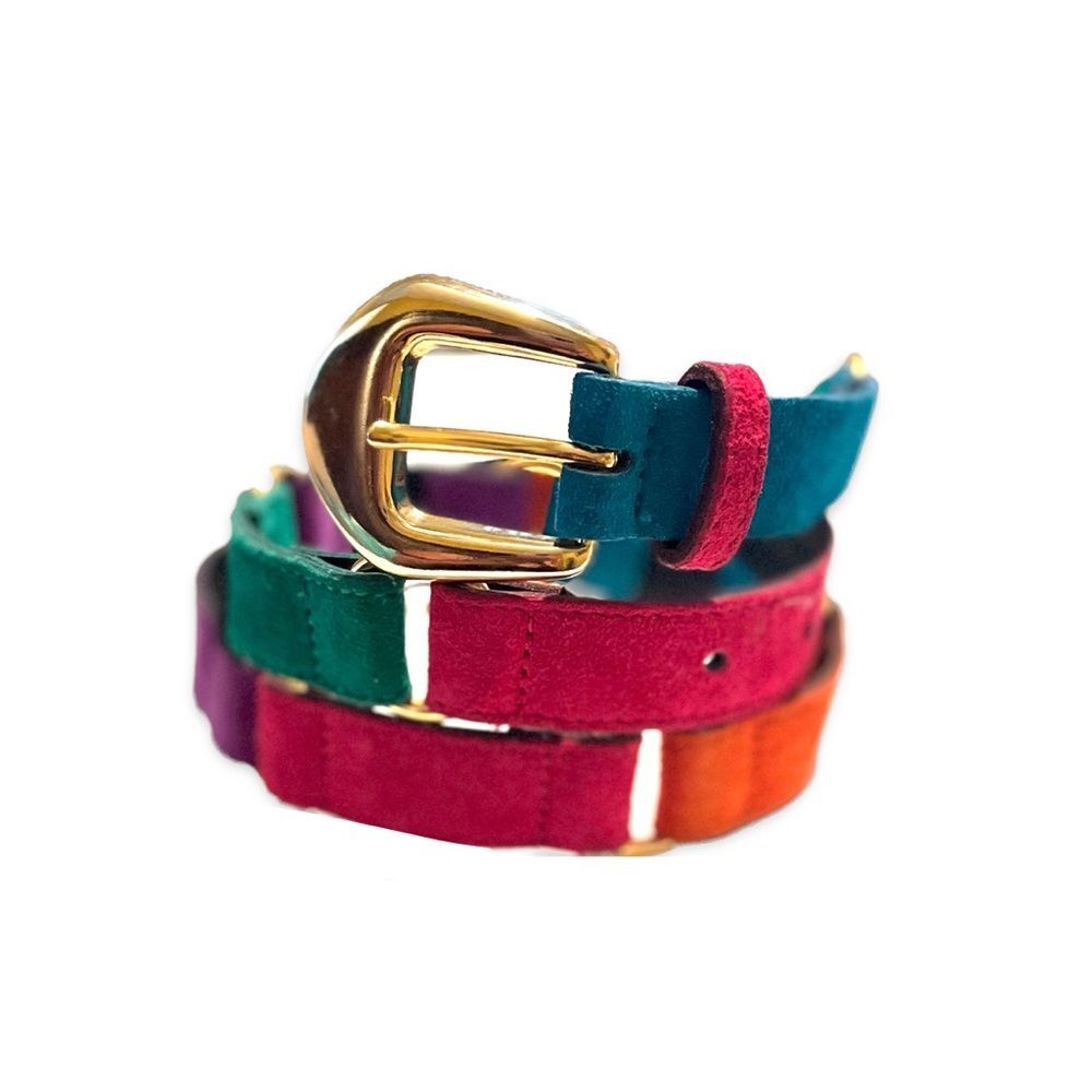 Vibrant Multicolor Leather Belt with Gold Buckle Size Large- Length 31.5”-33.5”